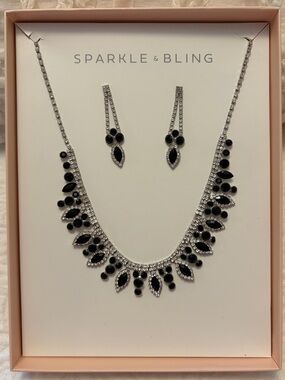 Silver-Tone Necklace and Earring Set with Black Stones